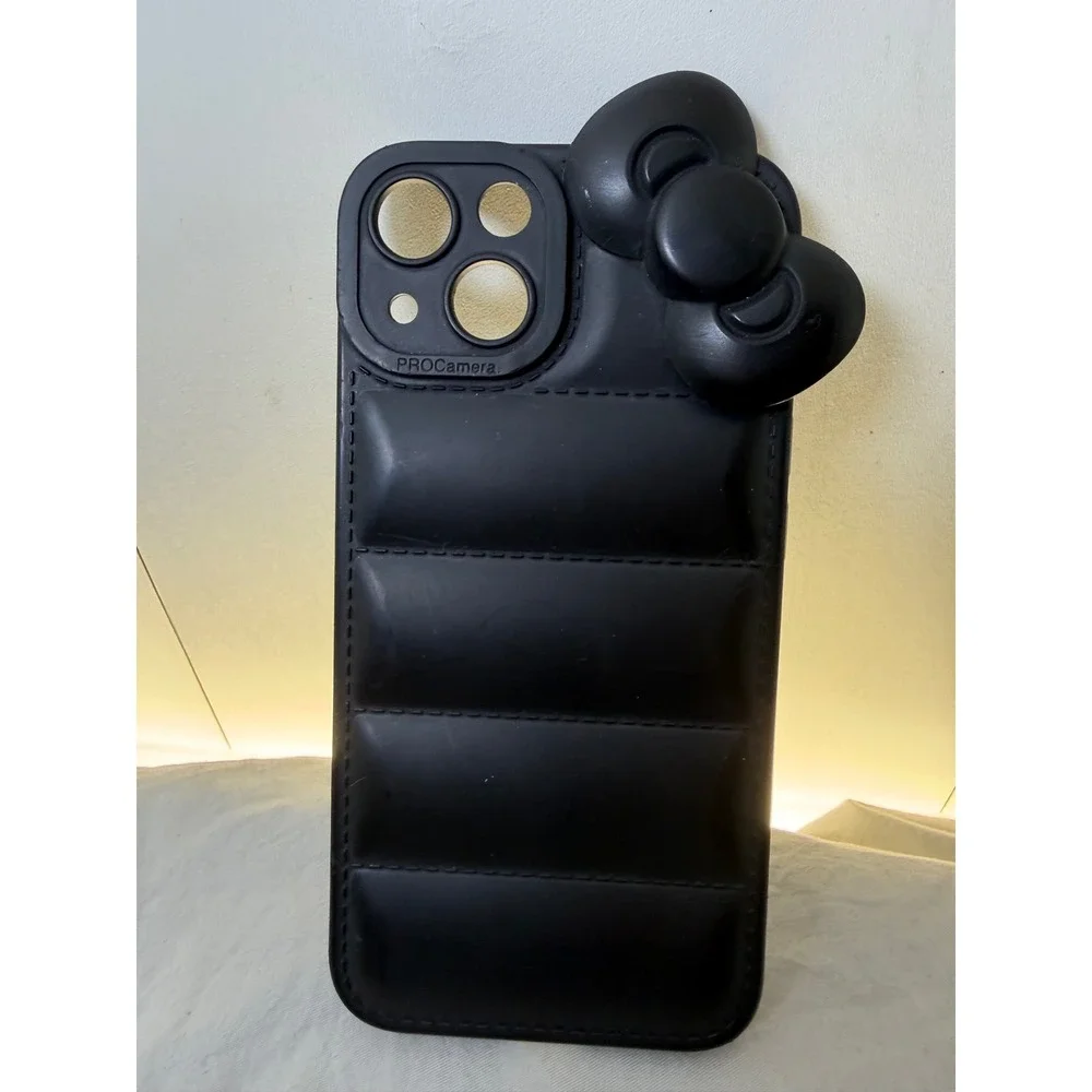 Black Puffer Phone Case with 3D Bow Detail for iPhone 13 Matte Finish